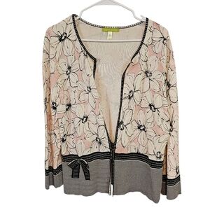 Sigrid Olsen Pink White Floral Knit Cardigan with Black Trim